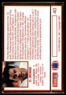 1991 Action Packed Rookie/Update Charles McRae RC 40 Tampa Bay Buccaneers