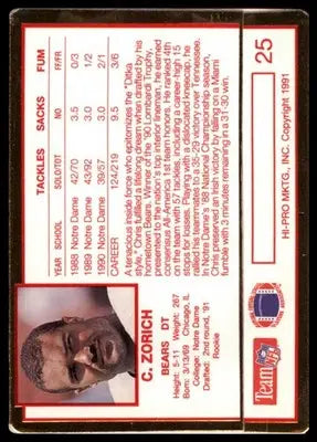 1991 Action Packed Rookie/Update Chris Zorich RC 25 Chicago Bears