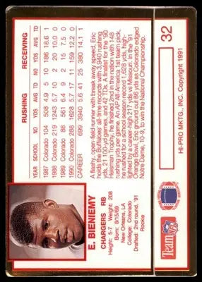 1991 Action Packed Rookie/Update Eric Bieniemy RC 32 San Diego Chargers