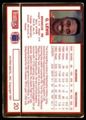 1991 Action Packed Rookie/Update Greg Lewis RC 20 Denver Broncos