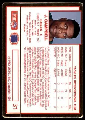 1991 Action Packed Rookie/Update Jesse Campbell RC 31 Philadelphia Eagles
