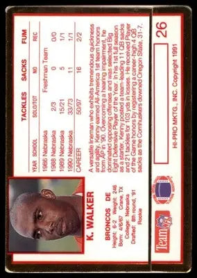 1991 Action Packed Rookie/Update Kenny Walker RC 26 Denver Broncos