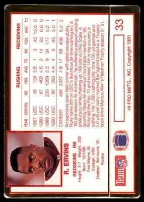1991 Action Packed Rookie/Update Ricky Ervins RC 33 Washington Redskins