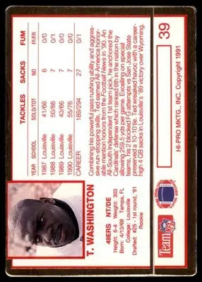 1991 Action Packed Rookie/Update Ted Washington RC 39 San Francisco 49ers