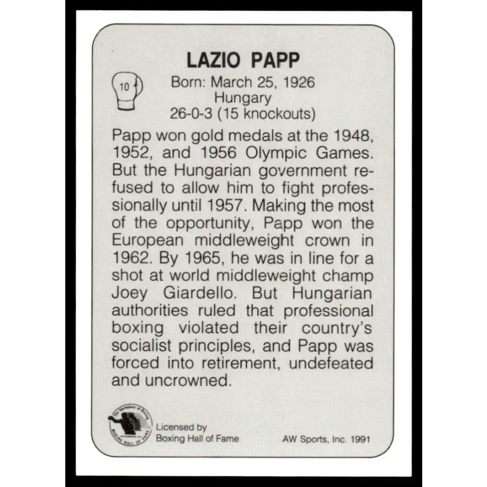 1991 All World #10 Lazlo Papp NM-MT Boxing Card - Boxing Card Single