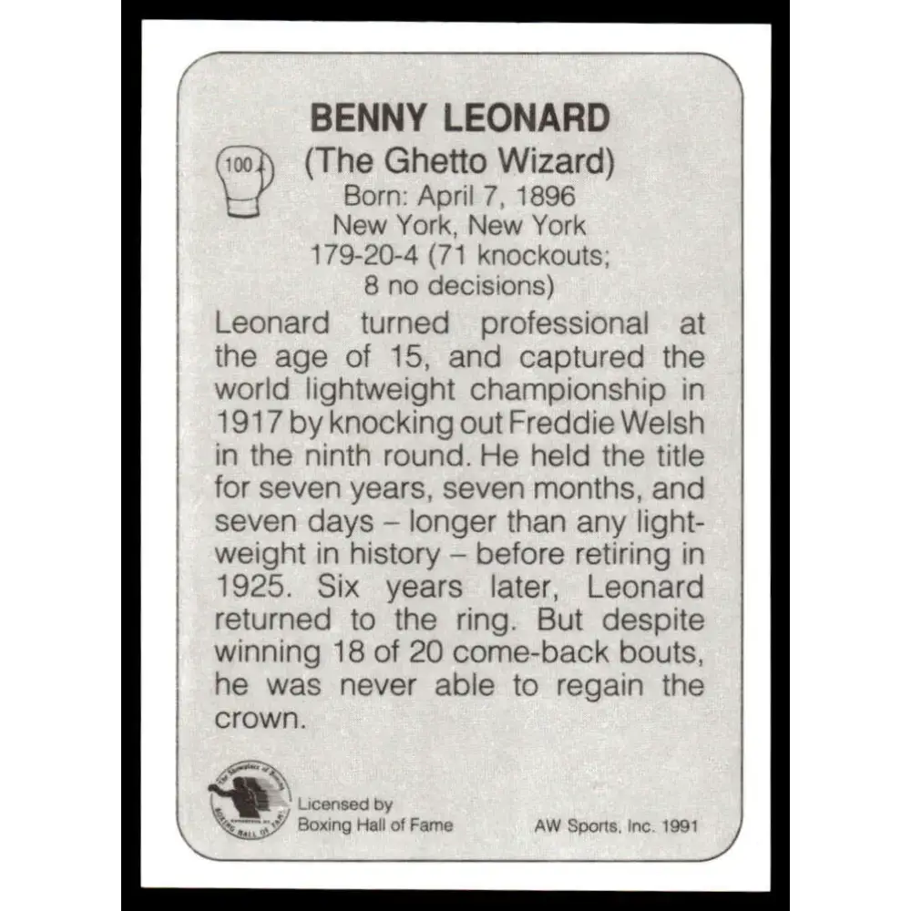 1991 All World #100 Benny Leonard NM-MT Boxing Card - Other