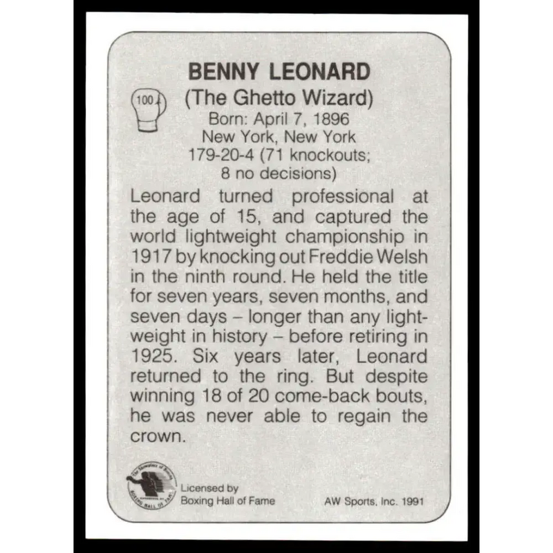 1991 All World #100 Benny Leonard NM-MT Boxing Card - Other