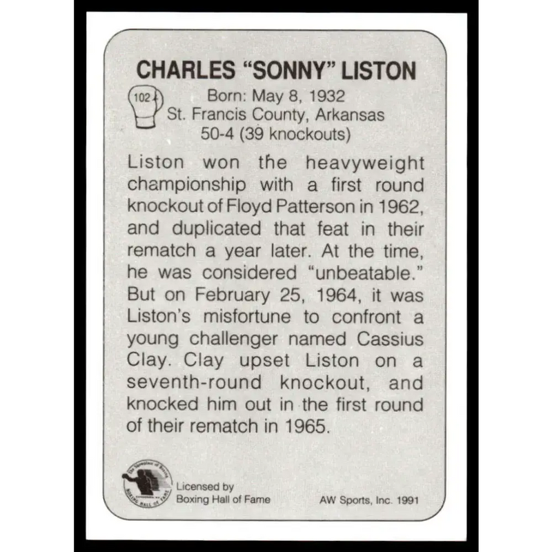 1991 All World #102 Sonny Liston NM-MT Boxing Card - Boxing Card Single