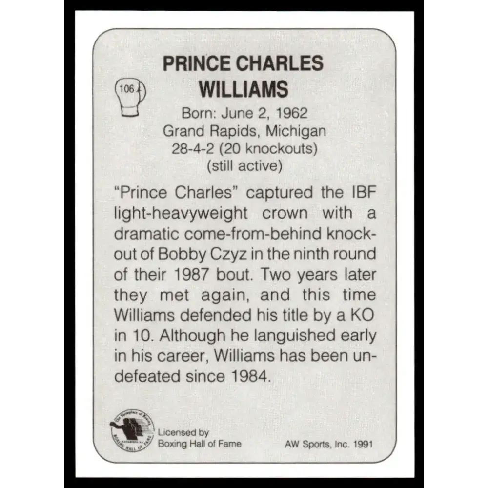 1991 All World #106 Prince Charles Williams NM-MT Boxing Card - Boxing Card Single
