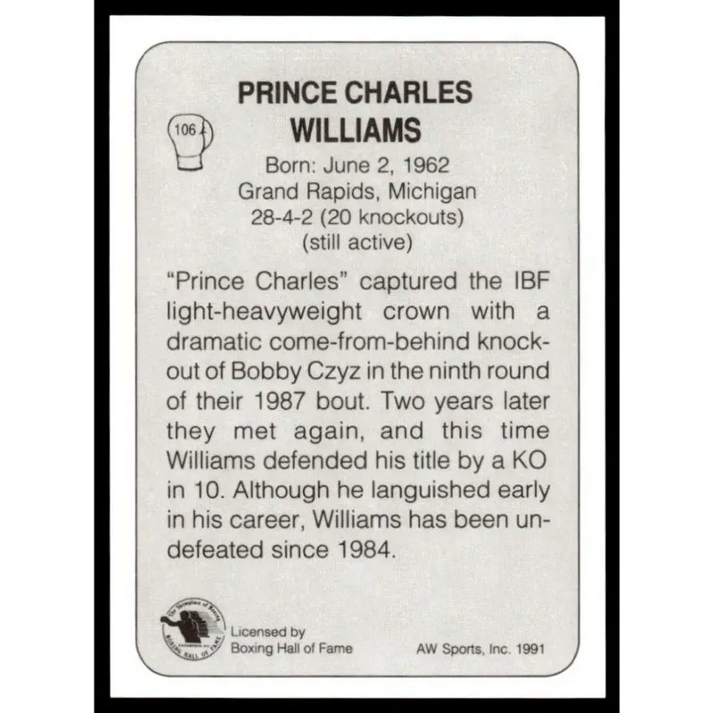 1991 All World #106 Prince Charles Williams NM-MT Boxing Card - Boxing Card Single