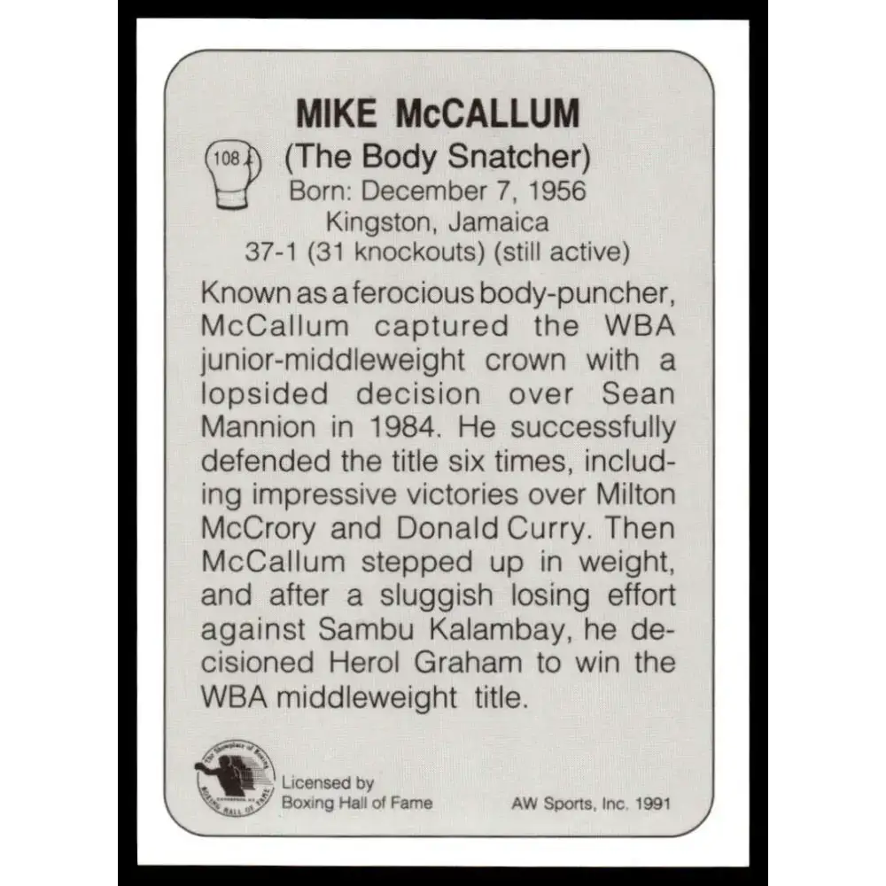 1991 All World #108 Mike McCallum NM-MT Boxing Card - Boxing Card Single