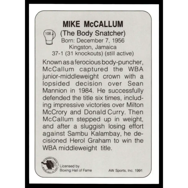 1991 All World #108 Mike McCallum NM-MT Boxing Card - Boxing Card Single