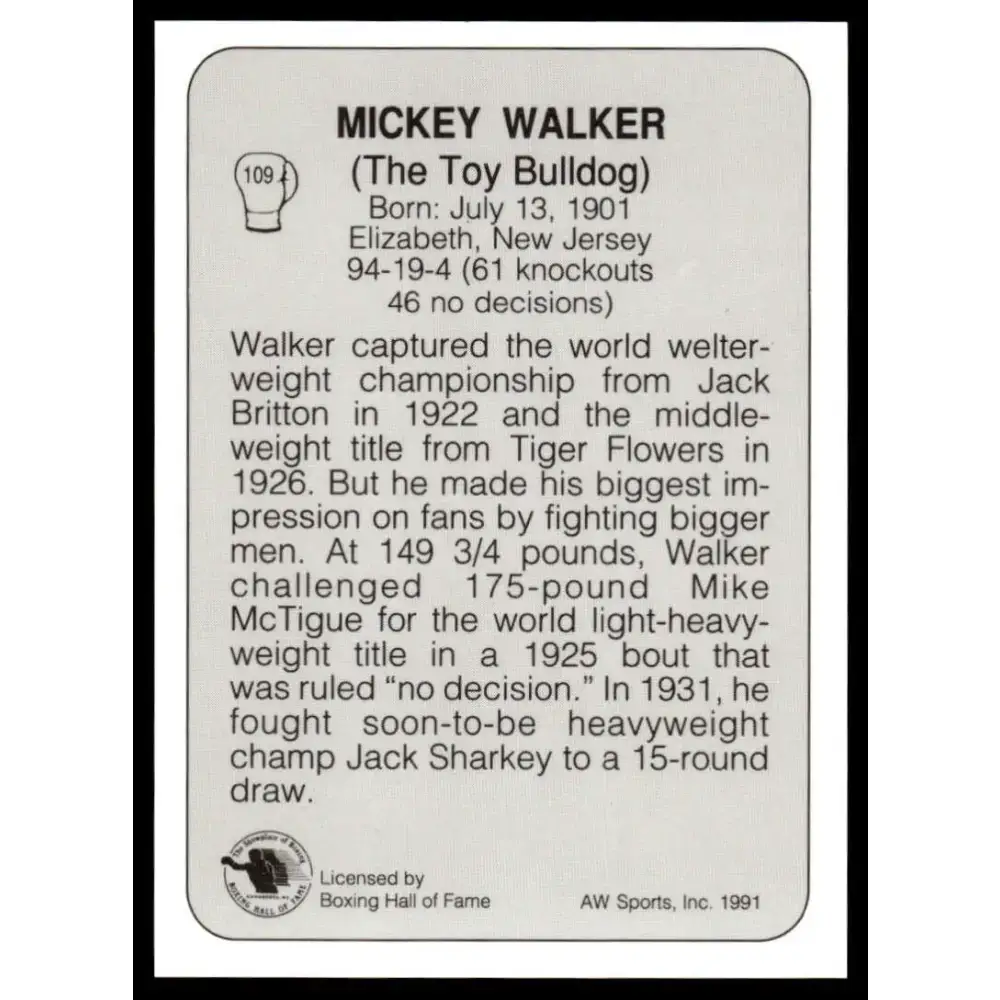1991 All World #109 Mickey Walker NM-MT Boxing Card - Other
