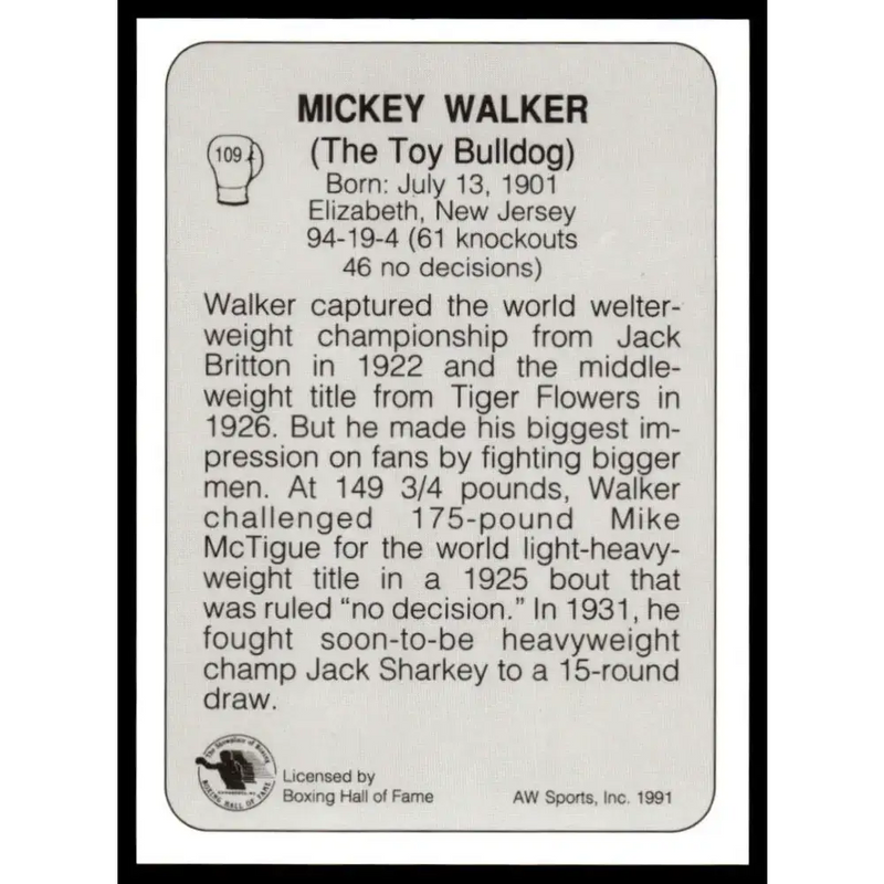 1991 All World #109 Mickey Walker NM-MT Boxing Card - Other