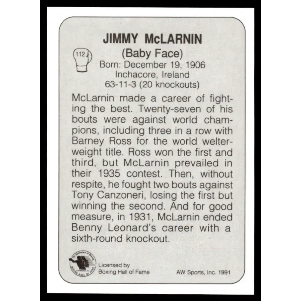 1991 All World #112 Jimmy Mclarnin NM-MT Boxing Card - UFC/MMA Card Single