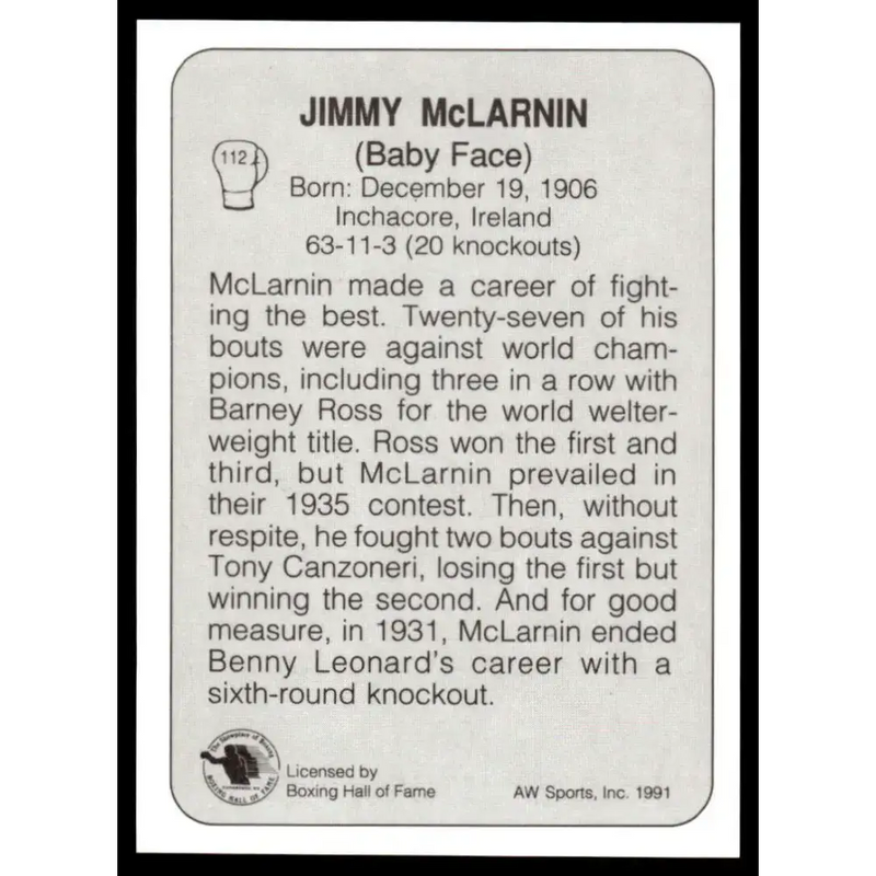 1991 All World #112 Jimmy Mclarnin NM-MT Boxing Card - UFC/MMA Card Single