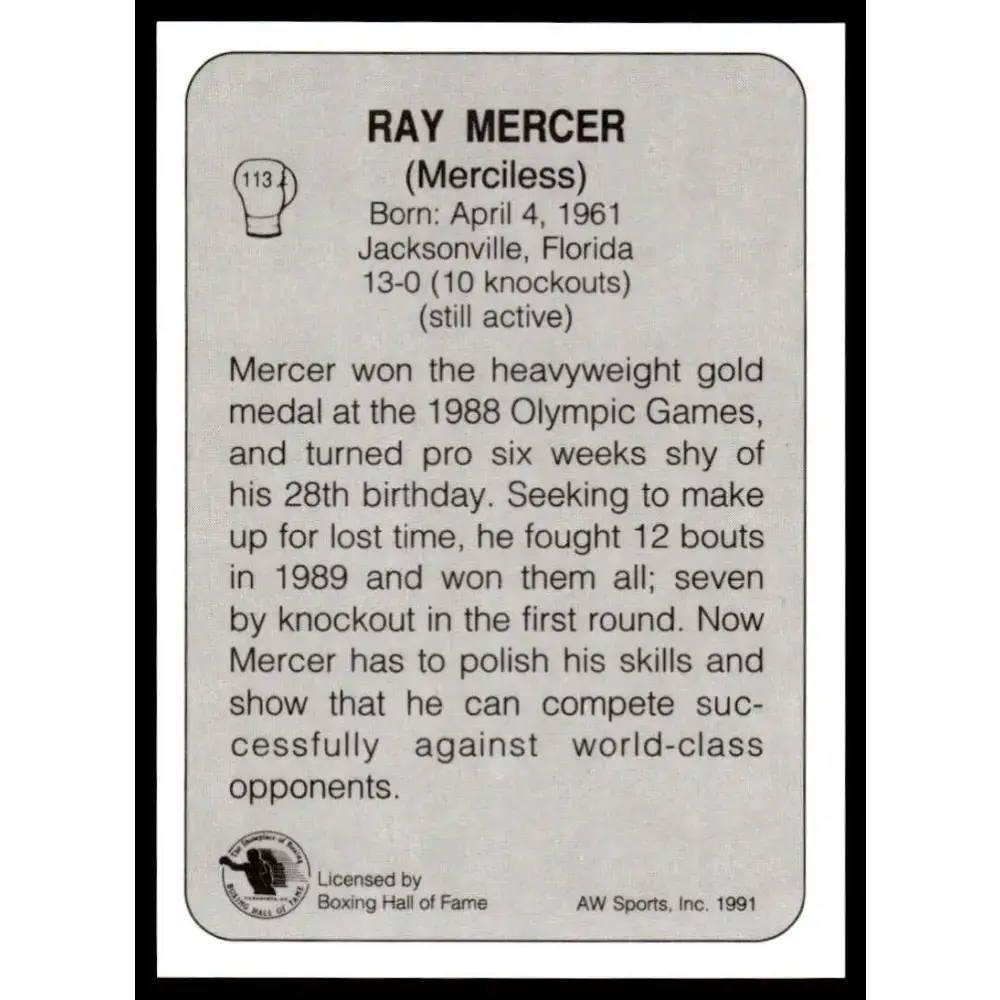1991 All World #113 Ray Mercer NM-MT Boxing Card - Other
