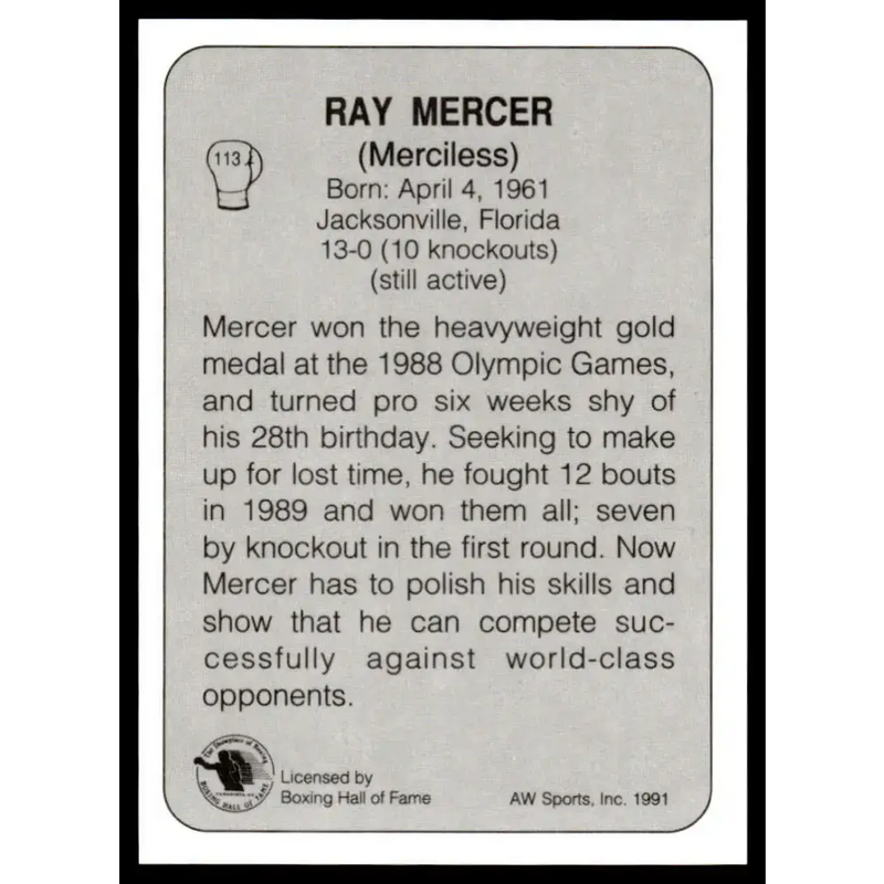 1991 All World #113 Ray Mercer NM-MT Boxing Card - Other