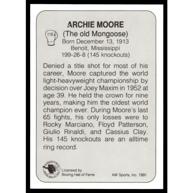 1991 All World #115 Archie Moore NM-MT Boxing Card - Sports Memorabilia