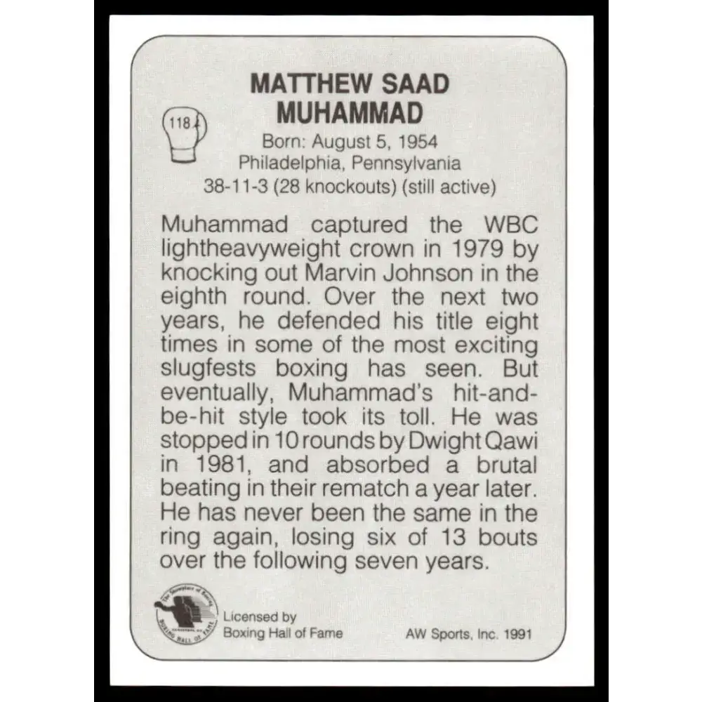 1991 All World #118 Matthew Saad Muhammad NM-MT Boxing Card - Boxing Card Single