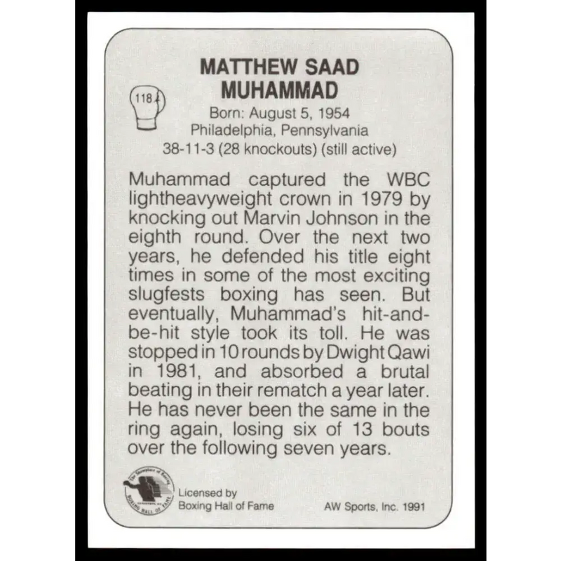 1991 All World #118 Matthew Saad Muhammad NM-MT Boxing Card - Boxing Card Single