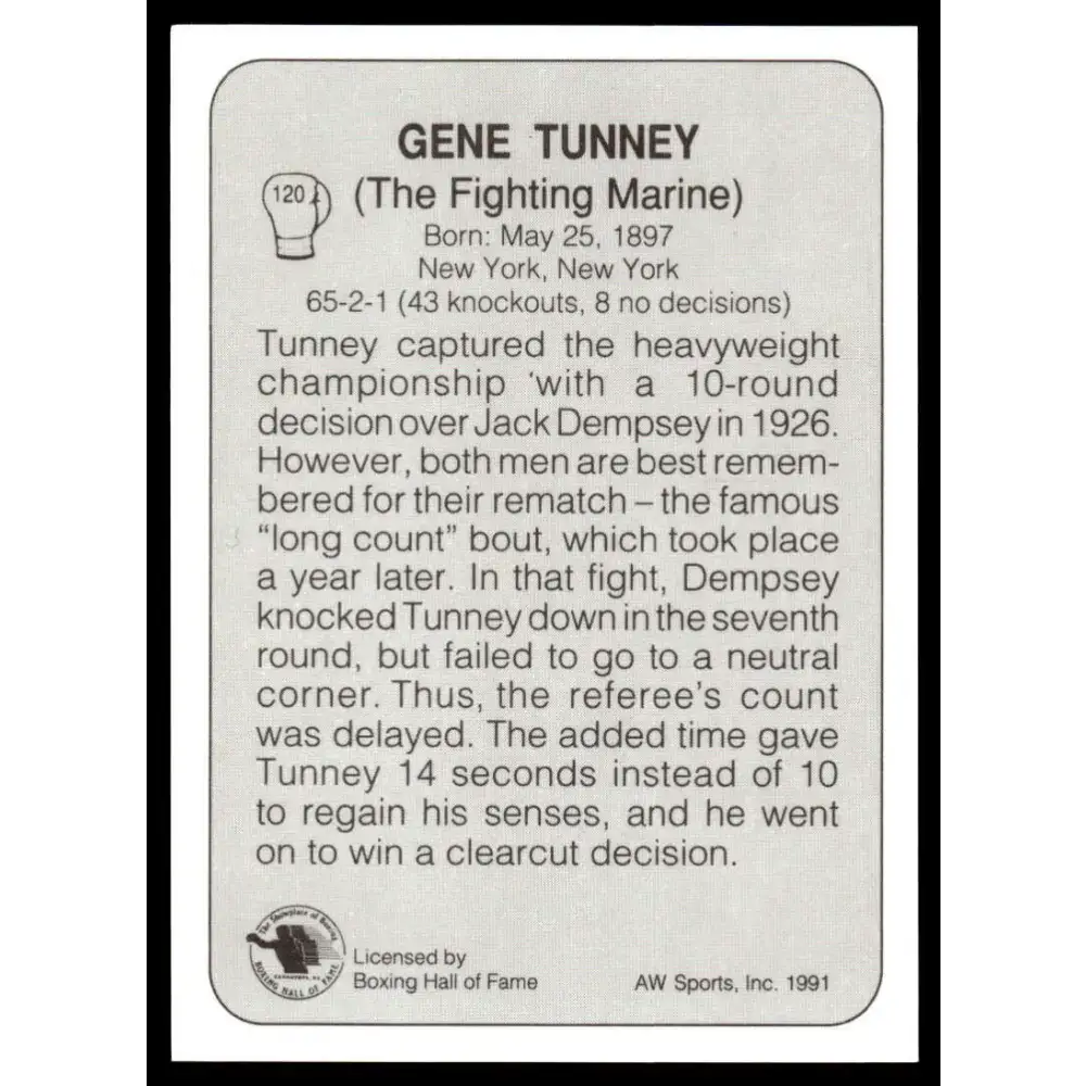 1991 All World #120 Gene Tunney NM-MT Boxing Card - Boxing Card Single