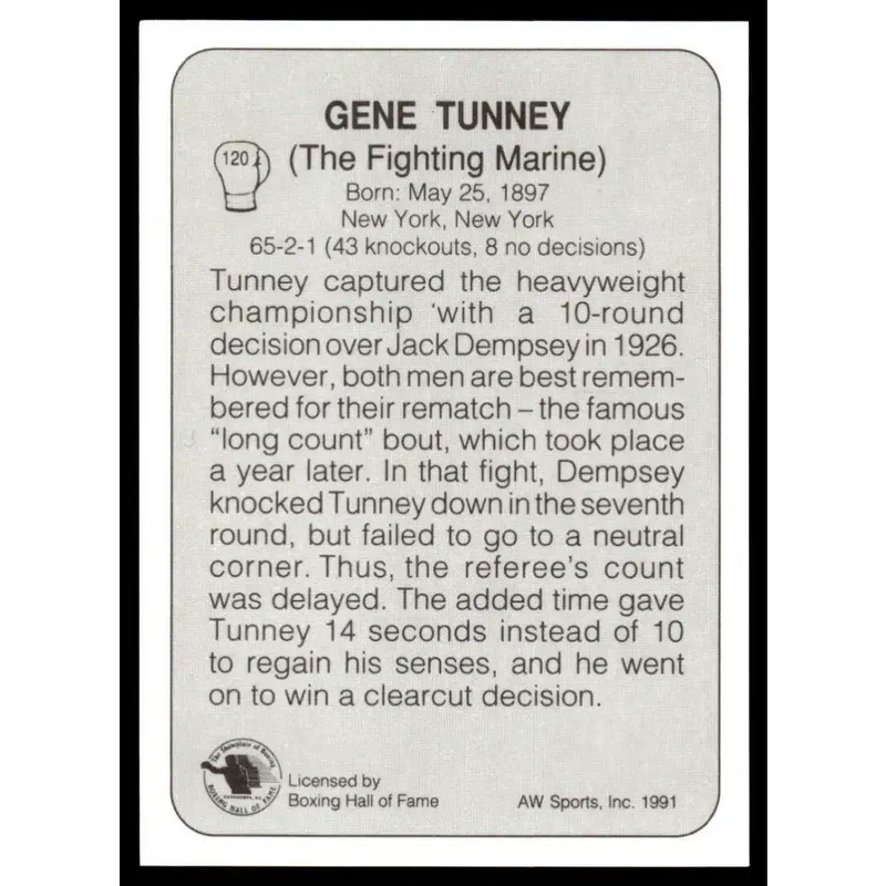 1991 All World #120 Gene Tunney NM-MT Boxing Card - Boxing Card Single