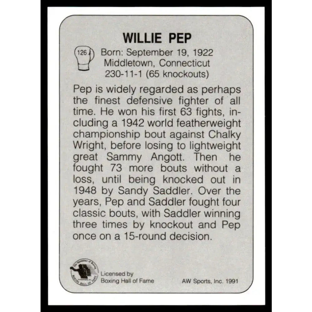 1991 All World #126 Willie Pep NM-MT Boxing Card - Boxing Card Single