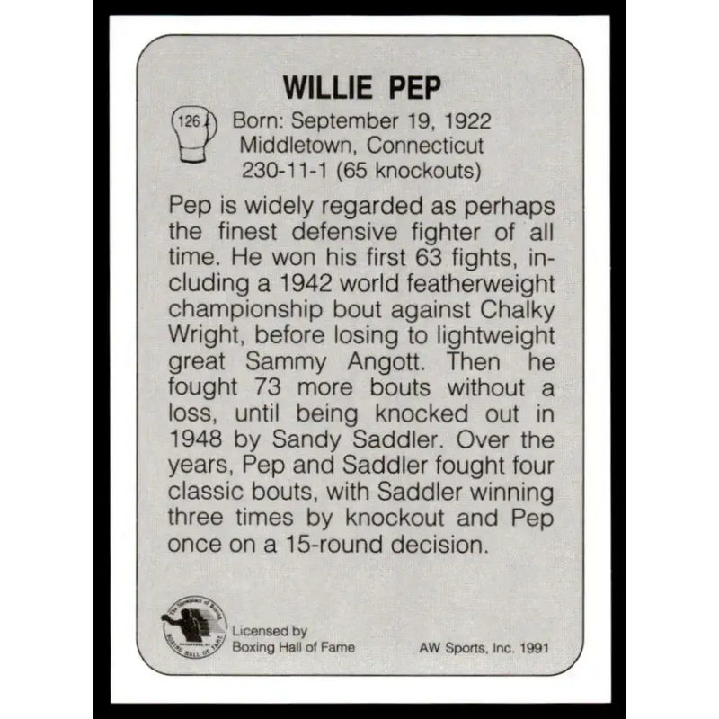 1991 All World #126 Willie Pep NM-MT Boxing Card - Boxing Card Single
