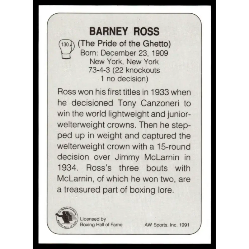 1991 All World #130 Barney Ross NM-MT Boxing Card - Other