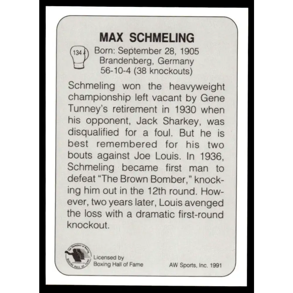 1991 All World #134 Max Schmeling NM-MT Boxing Card - Other