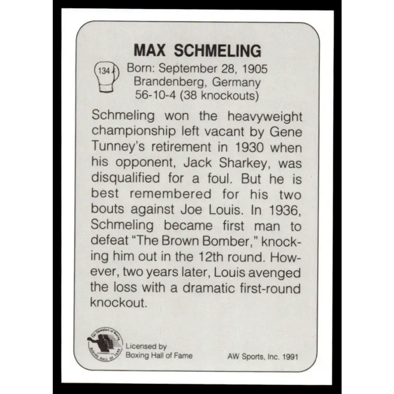 1991 All World #134 Max Schmeling NM-MT Boxing Card - Other
