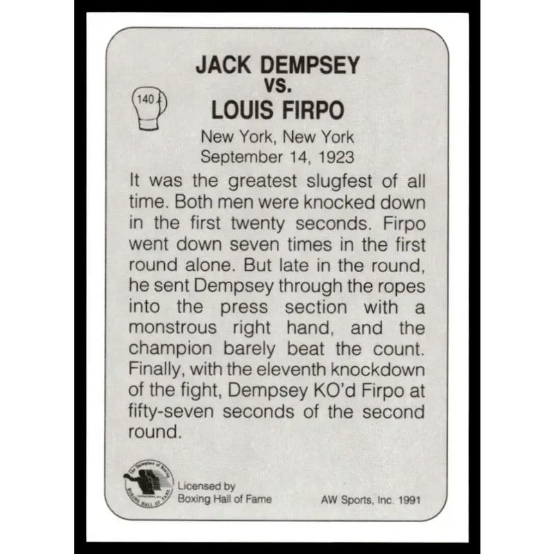 1991 All World #140 Dempsey Vs. Firpo NM-MT Boxing Card - Boxing Card Single