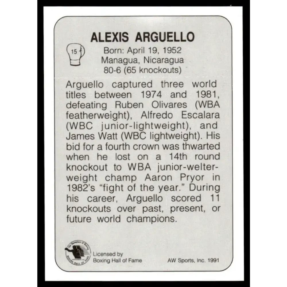 1991 All World #15 Alexis Arguello NM-MT Boxing Card - Other