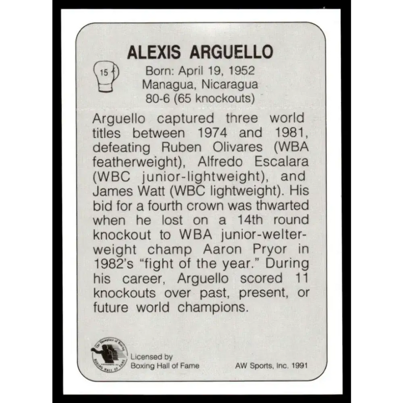 1991 All World #15 Alexis Arguello NM-MT Boxing Card - Other
