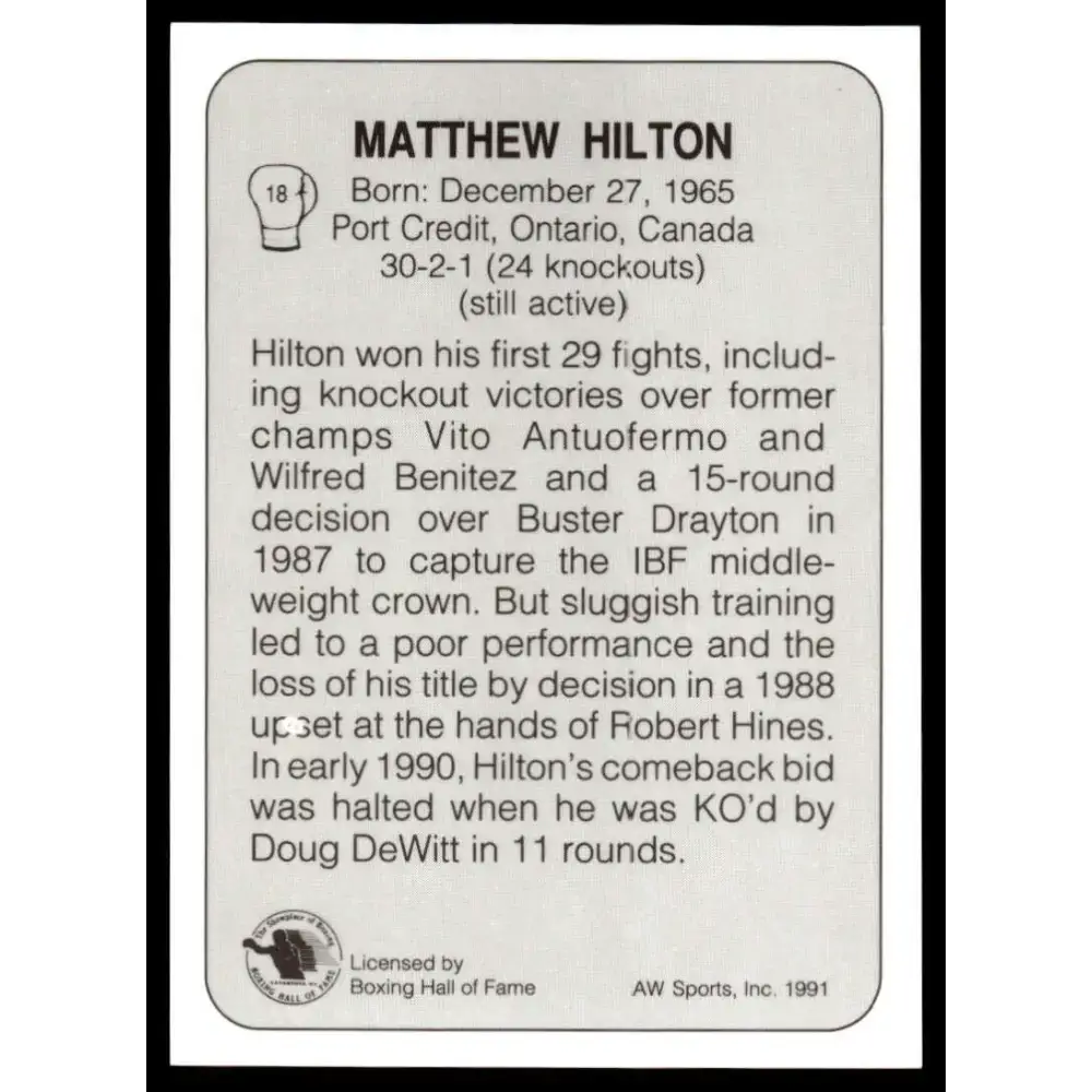1991 All World #18 Matthew Hilton NM-MT Boxing Card - Other