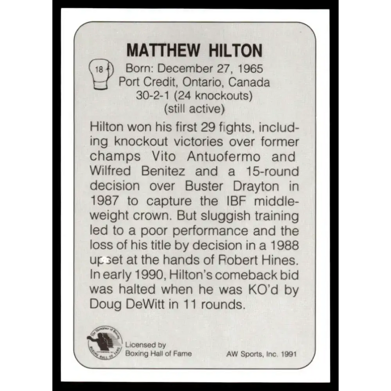 1991 All World #18 Matthew Hilton NM-MT Boxing Card - Other