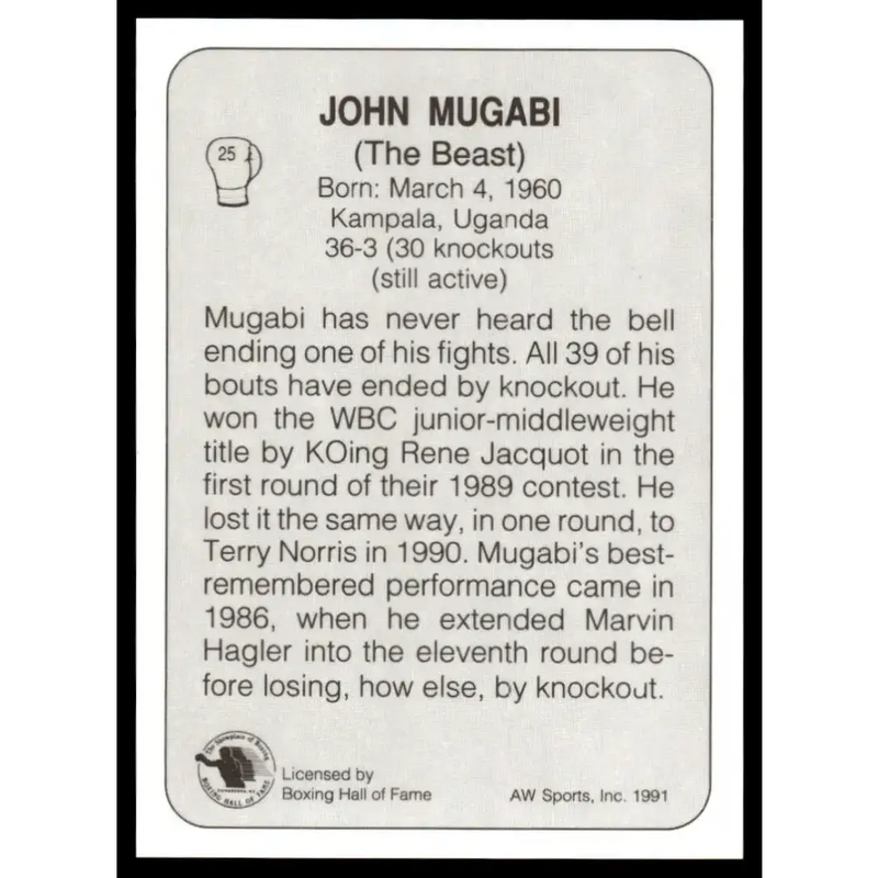 1991 All World #25 John Mugabi NM-MT Boxing Card - Other