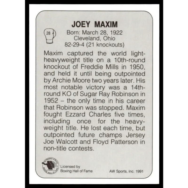 1991 All World #28 Joey Maxim NM-MT Boxing Card - Boxing Card Single