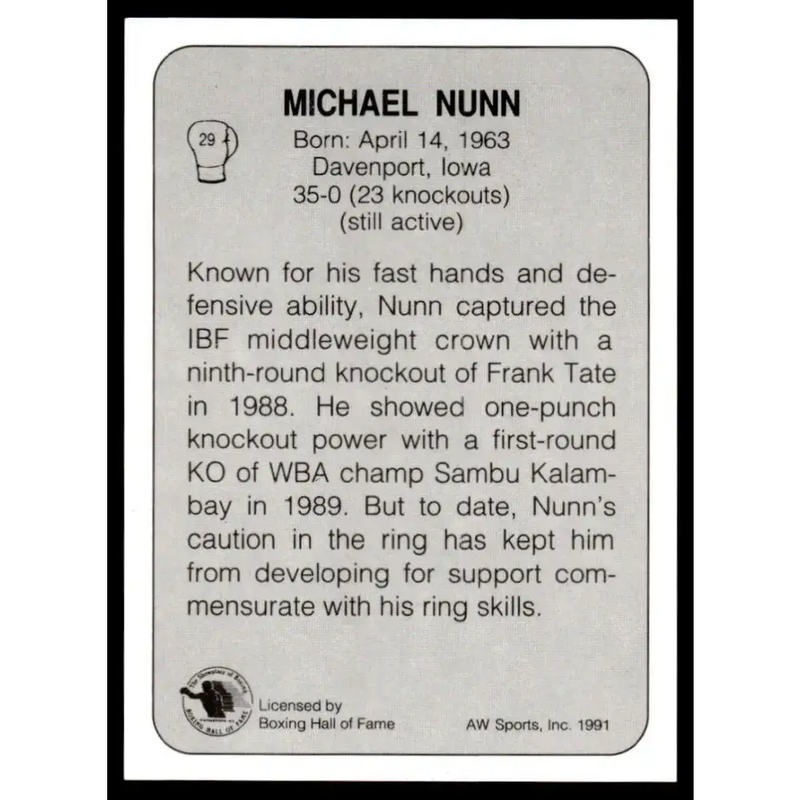 1991 All World #29 Michael Nunn NM-MT Boxing Card - UFC/MMA Card Single