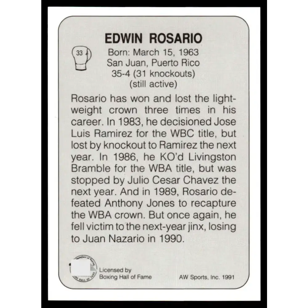 1991 All World #33 Edwin Rosario NM-MT Boxing Card - UFC/MMA Card Single