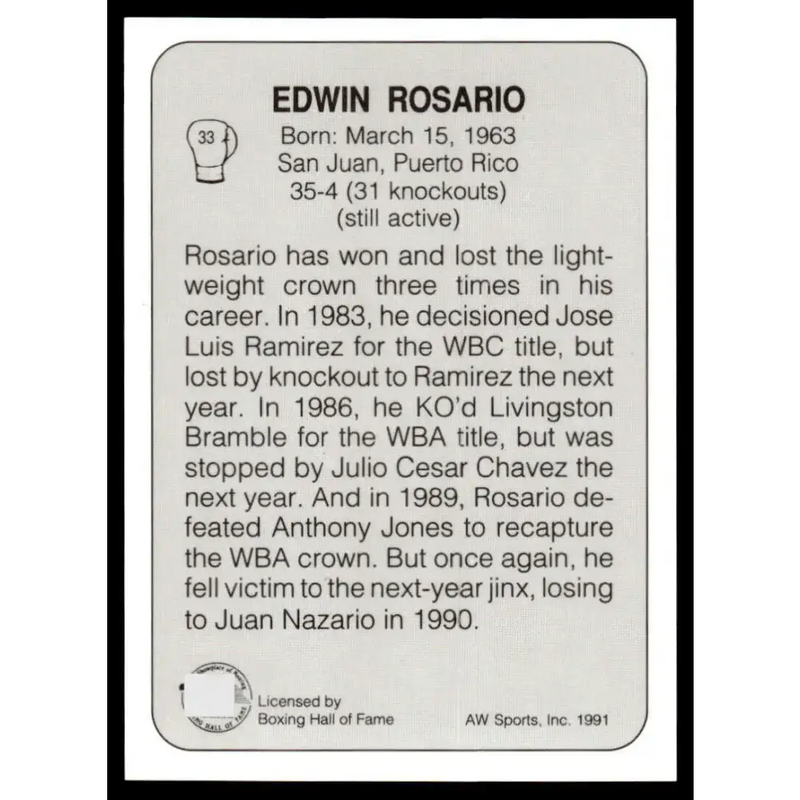 1991 All World #33 Edwin Rosario NM-MT Boxing Card - UFC/MMA Card Single