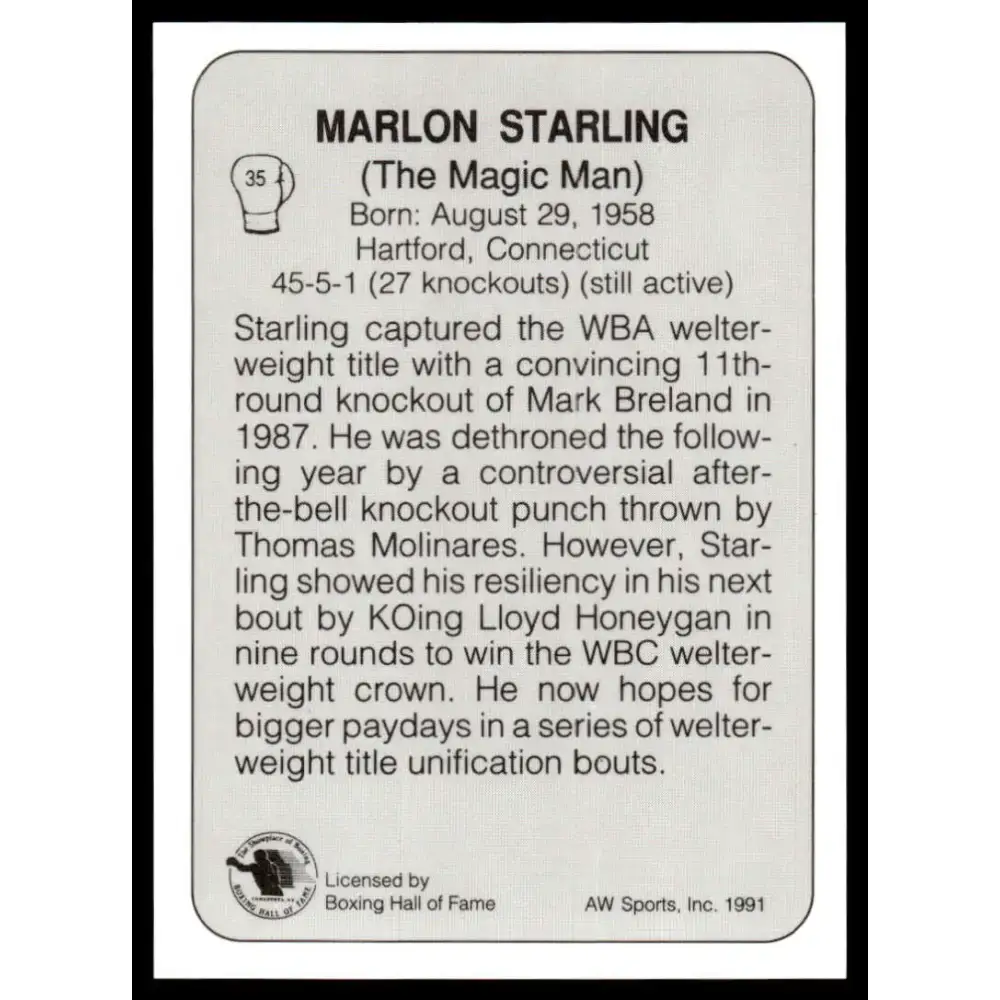 1991 All World #35 Marlon Starling NM-MT Boxing Card - Other