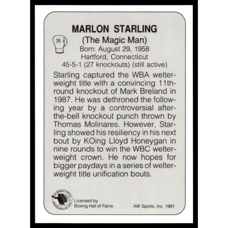 1991 All World #35 Marlon Starling NM-MT Boxing Card - Other