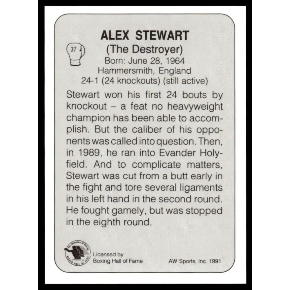 1991 All World #37 Alex Stewart NM-MT Boxing Card - UFC/MMA Card Single
