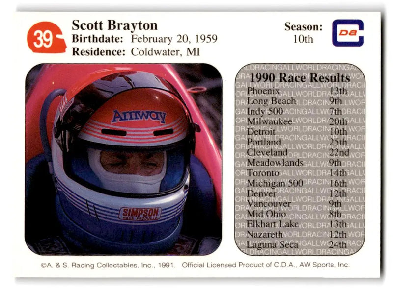 1991 All World #39 Scott Brayton - Racing Card Single