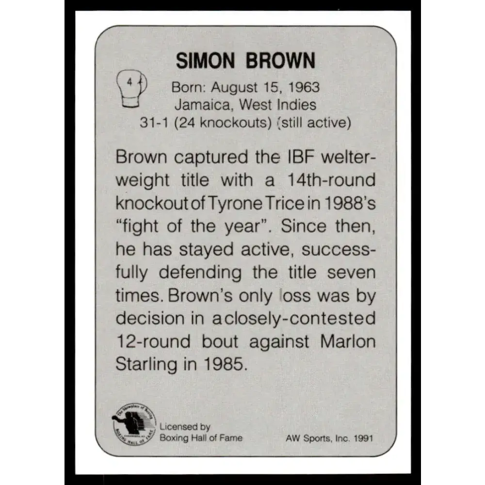1991 All World #4 Simon Brown NM-MT Boxing Card - Other