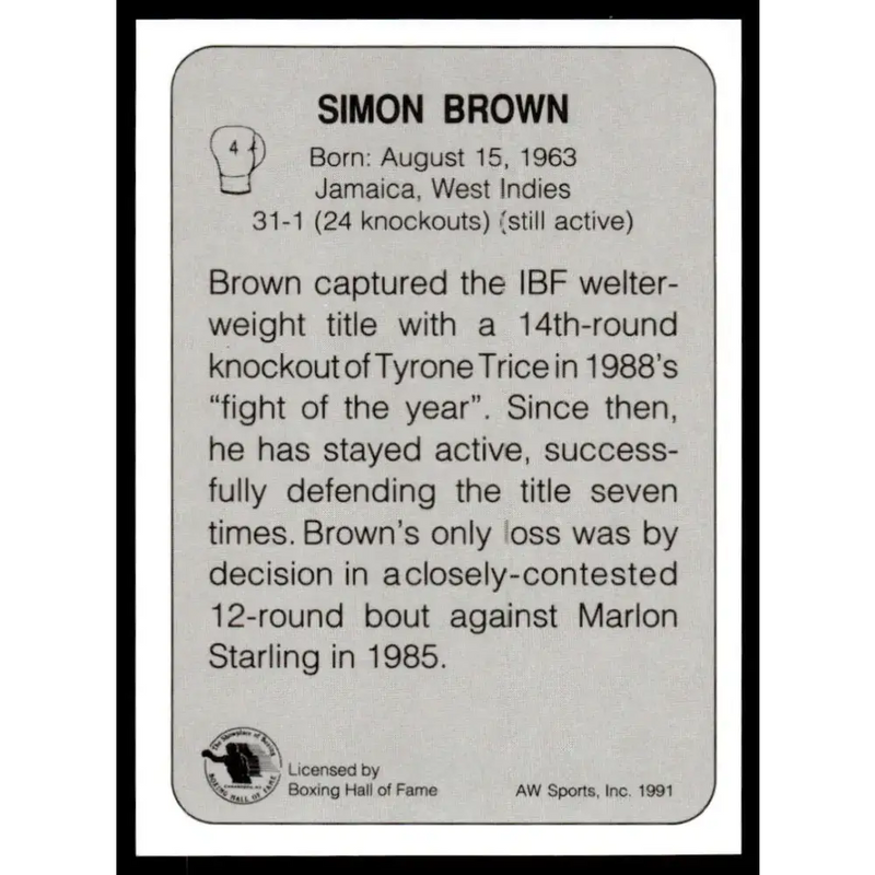 1991 All World #4 Simon Brown NM-MT Boxing Card - Other