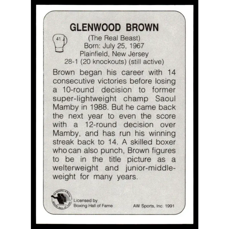 1991 All World #41 Glenwood Brown NM-MT Boxing Card - Boxing Card Single