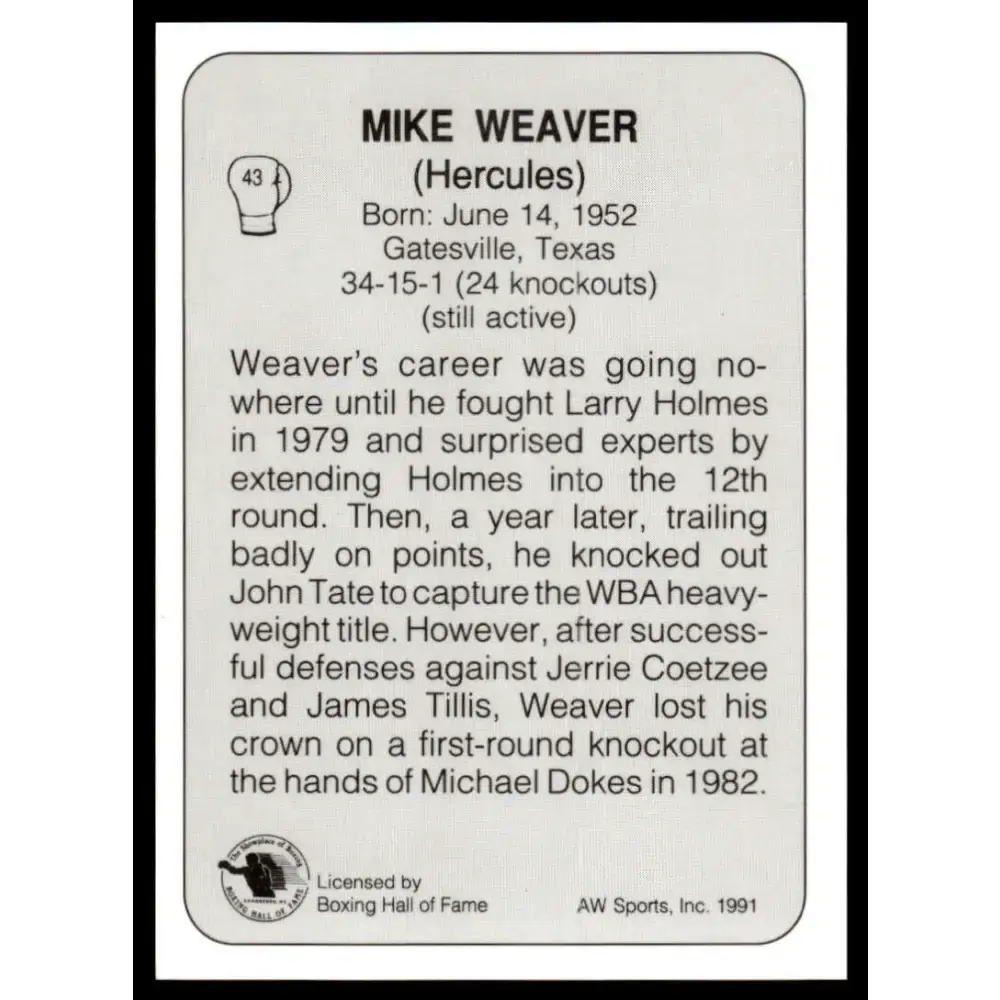 1991 All World #43 Mike Weaver NM-MT Boxing Card - Other